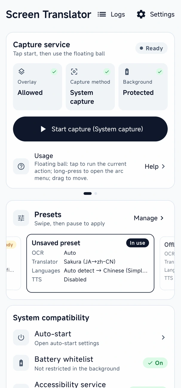 Screen Translator home screen with current status and the capture service card